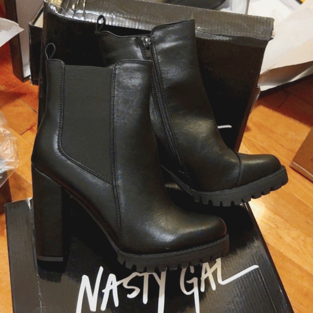 Black Chunky Heel Faux Leather Booties